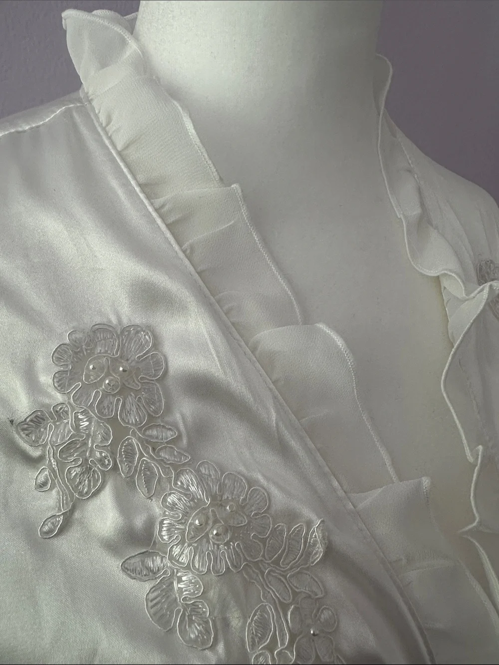 Vintage Ivory Satin Robe with Ruffle Trim